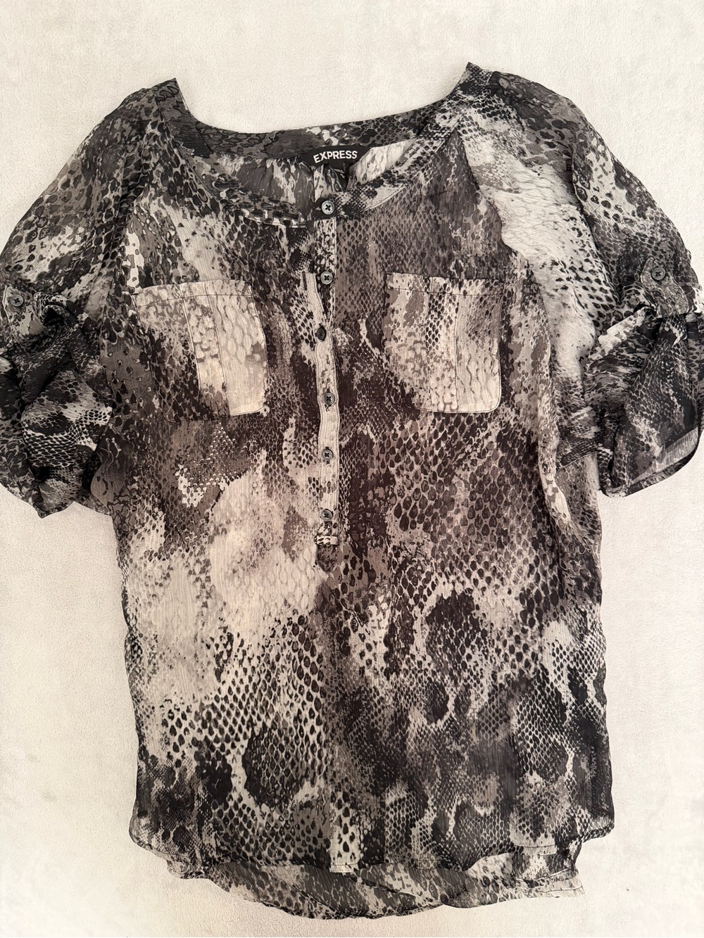 Express Black & White Snake-Print Sheer Blouse